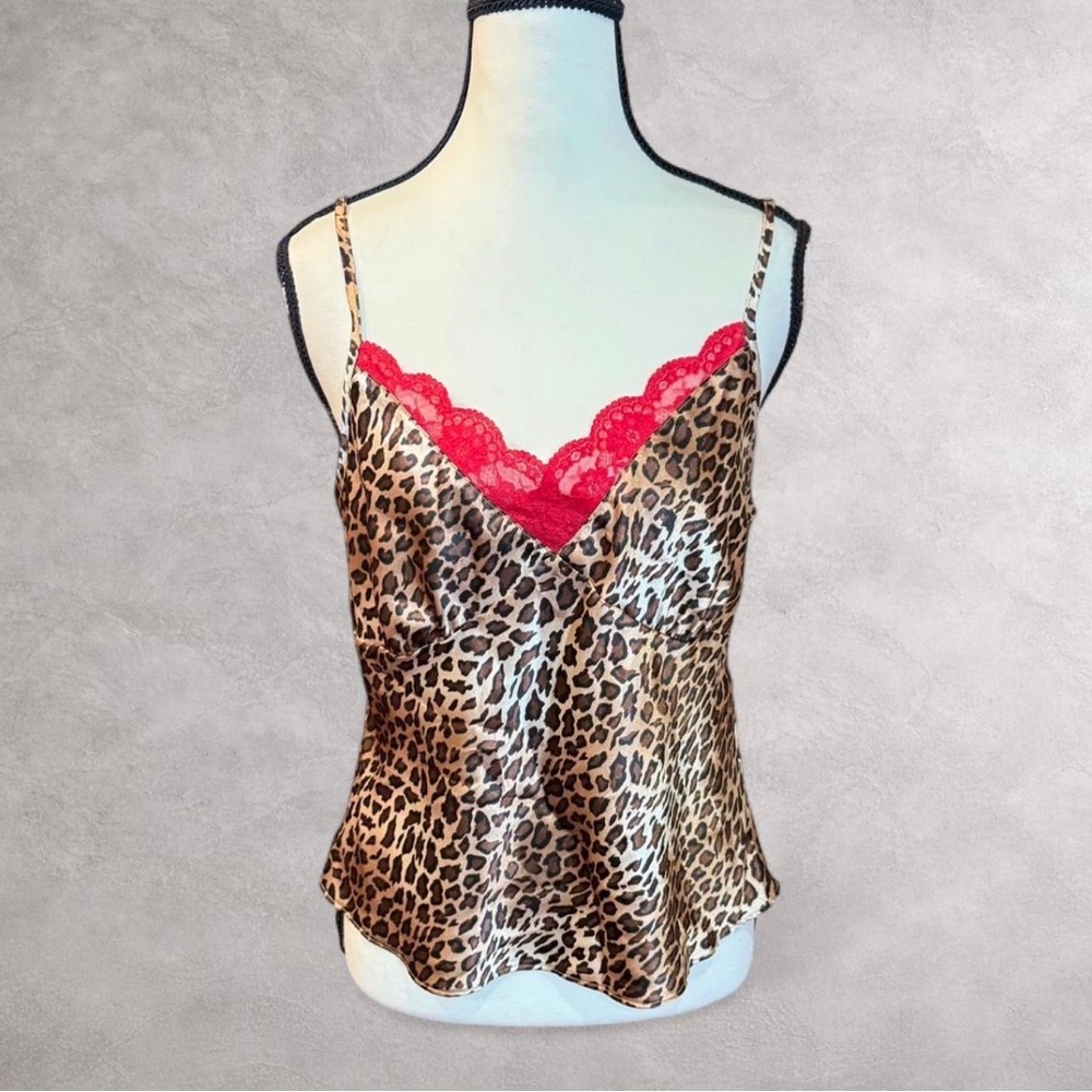 Leopard Print Satin Cami with Red‎ Lace